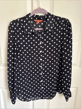ModCloth Navy white Polka Dot Sheer Button-Up Collar Blouse Size Medium Work Top
